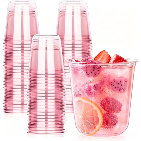 50 Pcs Pink Plastic Cups, 12oz Disposable Stemless Wine Glasses for Cocktail Cute Clear Cocktail Wine Glasses Pink Party Cups for Meeting Wedding Christmas Holiday Party