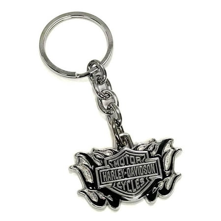 Silver Photo Key Tag - Harley-Davidson 3D B&S Black Flames Key Chain Custom Shaped, Silver HDKD336-K, Harley Davidson