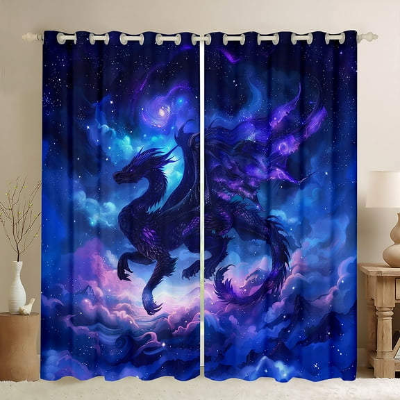 Manfei Dragon Blackout Curtains Set of 2 (52x84 Each),Western Fantasy Theme Window Curtains,Dream Purple Blue Curtains and Drapes For Boys Kids,Luxury Bedroom Decor