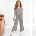 thumbnail image 3 of Zpanxa Girls V Neck Henley Short Sleeve Top Wide Leg Pants Set Casual Two Piece Outfit Toddler Gray 13 Years, 3 of 9
