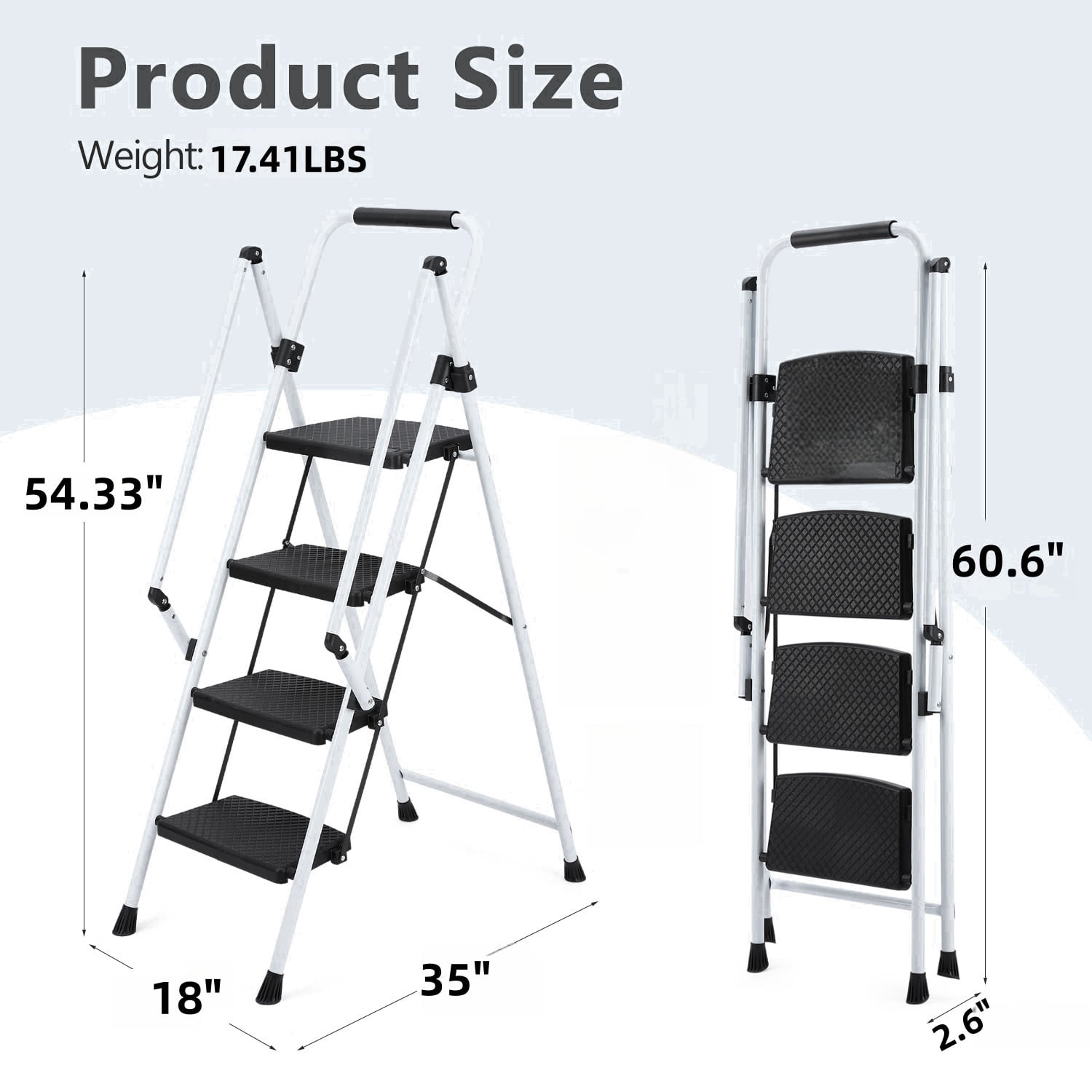 4-Step Folding Ladder, Lightweight Steel Step Stool with Wide Non-Slip Pedals & Sponge Safety Handle, Foldable Multi-Purpose Step Ladder for Home Kitchen Office Indoor Use