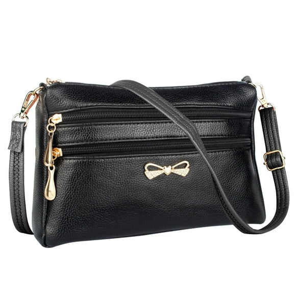Jianama Solid Leather Crossbody Bag Women Litchi Pattern Multi-layer Purse (Black)