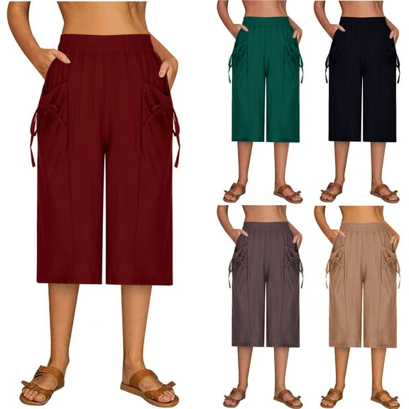 ZZwxWA Plus Size Capris for Women Summer Wide Leg Casual Pants Loose Fit Cropped Workout Pants with Pockets Drawstring