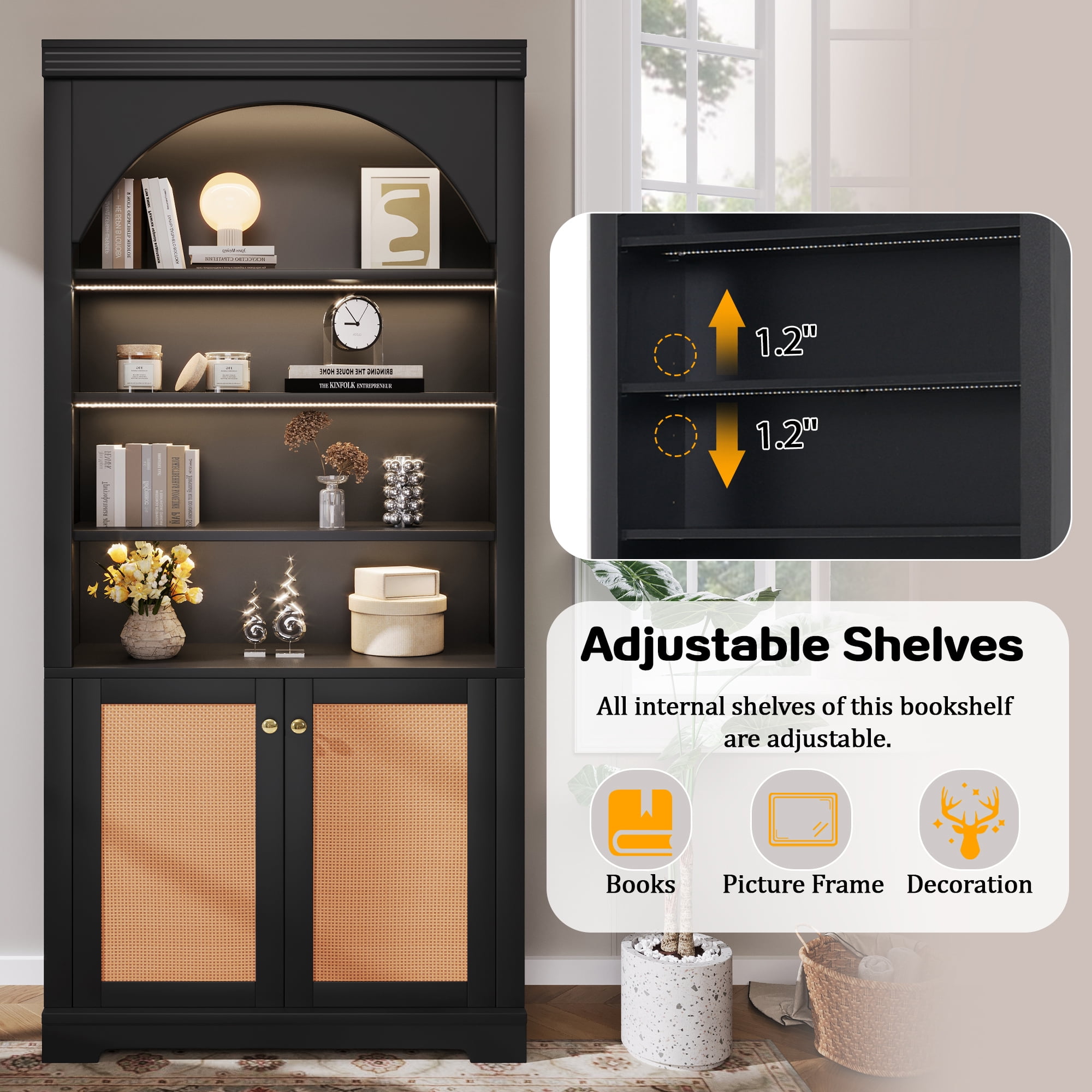 71" Tall Bookshelf Suite with 4-layer LED Lightings, Bookcase with Open Adjustable Shelves