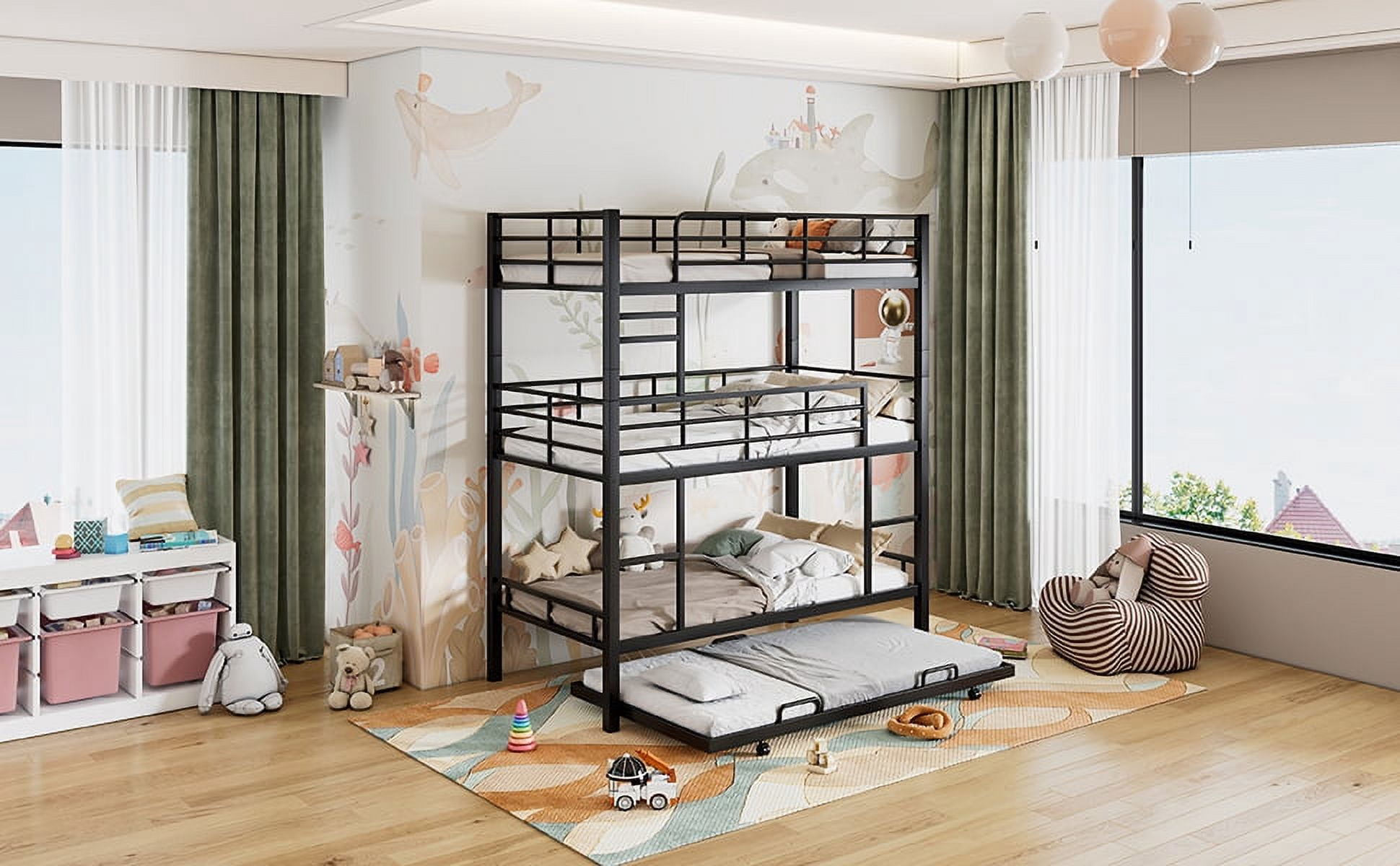Metal Twin Size Triple Bunk Bed With Trundle, Black