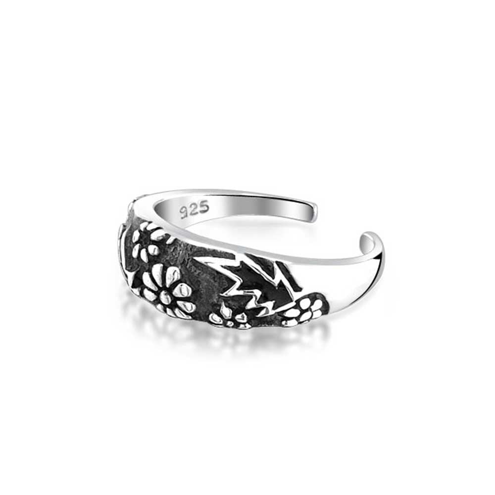 Flowers Vine Leaf Oxidized Midi Done Band Toe Ring For Women For Teen 925 Silver Sterling Adjustable