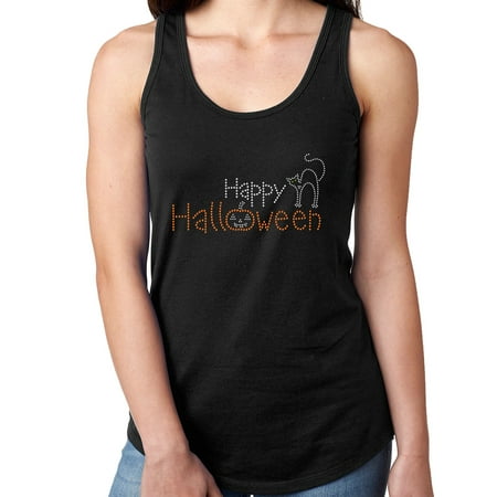 Womens T-Shirt Rhinestone Bling Black Tee Happy Halloween Cat Tank Racer Back Small