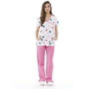 Just Love Nursing Scrubs Set for Women / Print Scrubs (Mock Wrap) (White Frog with Pink Pants, Large)