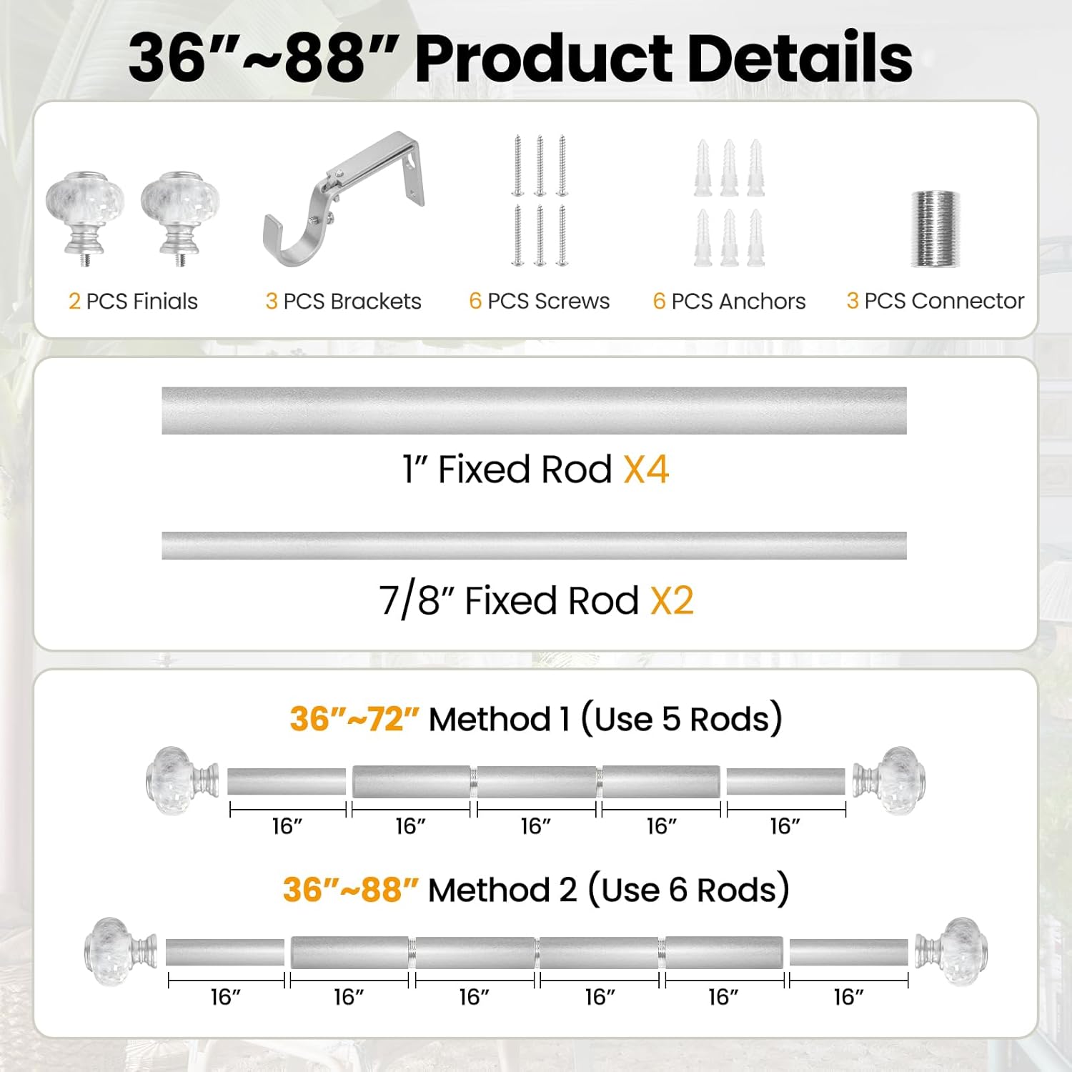 Silver Curtain Rod for Windows 36 To 88 Inches (3-7.3ft): 1 Inch Diameter Adjustable Curtain Rod - Heavy Duty Silver Curtain Rod with Marble Grain Finials