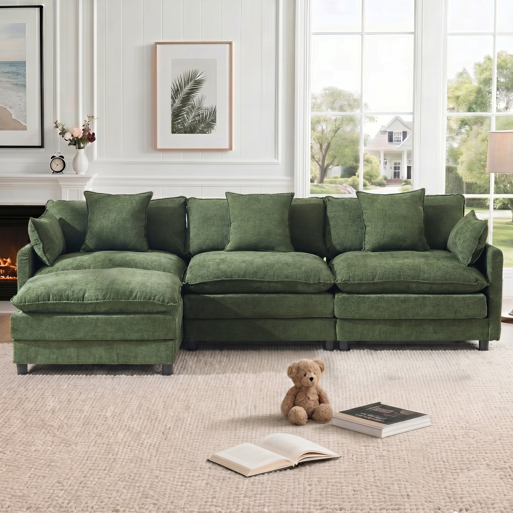 AISWORD 120" L Shaped Modular Sectional Sofa, Cloud Couch with Movable Ottoman, 4 Seat Chenille Deep Seat Sofa with Throw Pillows for Living Room, Green