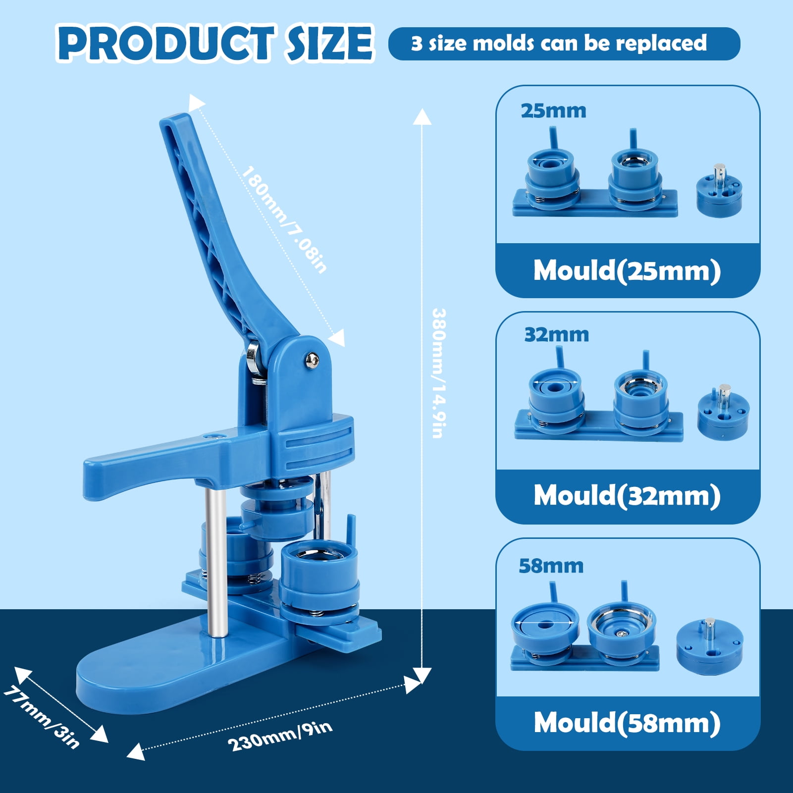 3 in 1 DIY Pin Button Maker Machine 25/32/58mm Badge Press Machine w/300pcs Parts+Cutting Mat，Blue