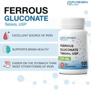 Puregen Labs Ferrous Gluconate 324 mg [High Potency] Iron Deficiency Supplement - Gentle on Stomach - 100 Tablets - 1PK