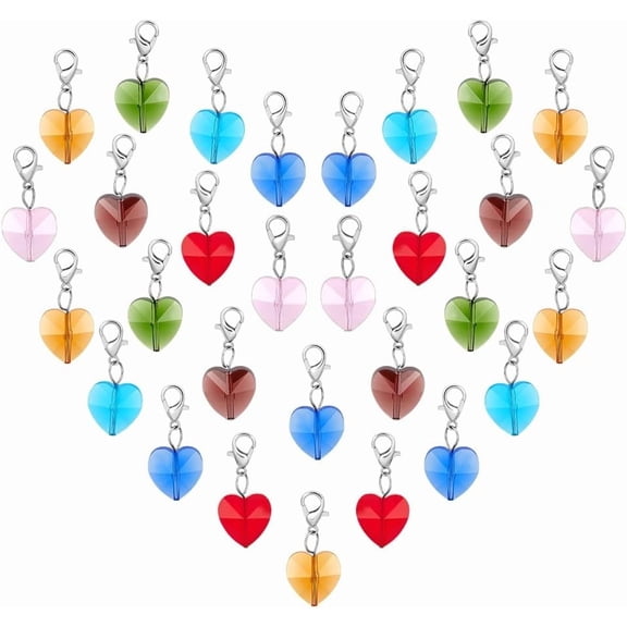 7 Colors Heart Glass Charms 28pcs Faceted Heart Pendants Crystal Dangle Charms Clip-on Stitch Markers with Lobster Claw Clasps