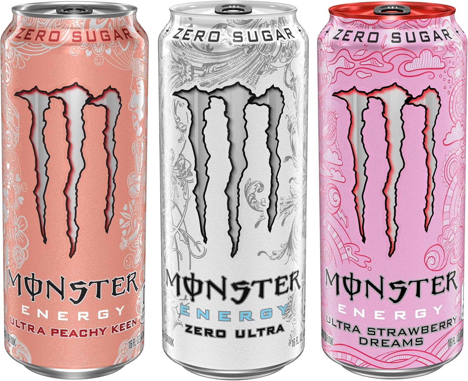 Monster Energy Ultra 3 Flavor Variety Pack, Zero Ultra, Ultra Peachy Keen, Ultra Strawberry Dreams, Sugar Free Energy Drink, 16 Ounce (Pack of 12)