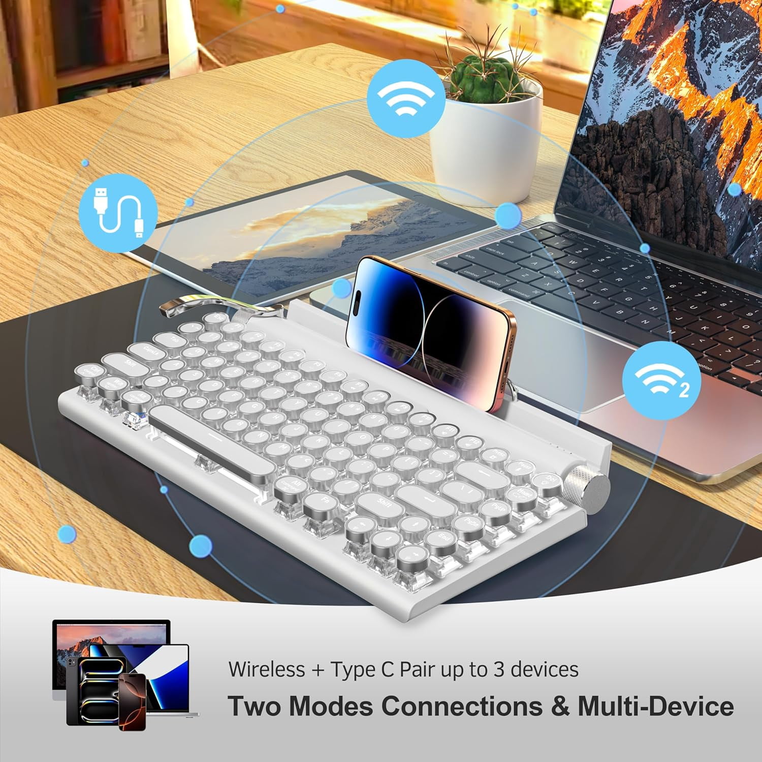 Retro Typewriter Wireless Mechanical Gaming Keyboard, Bluetooth 5.0 Office Computer Vintage Keyboards 83-Key Blue Switches Punk Round Keycap, LED Backlight, Compatible with PC/Laptop/Pad/Phone, White