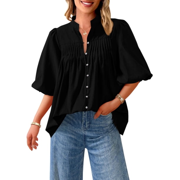 Blusa PRETTYGARDEN para mujer, verano 2025, manga corta, negra