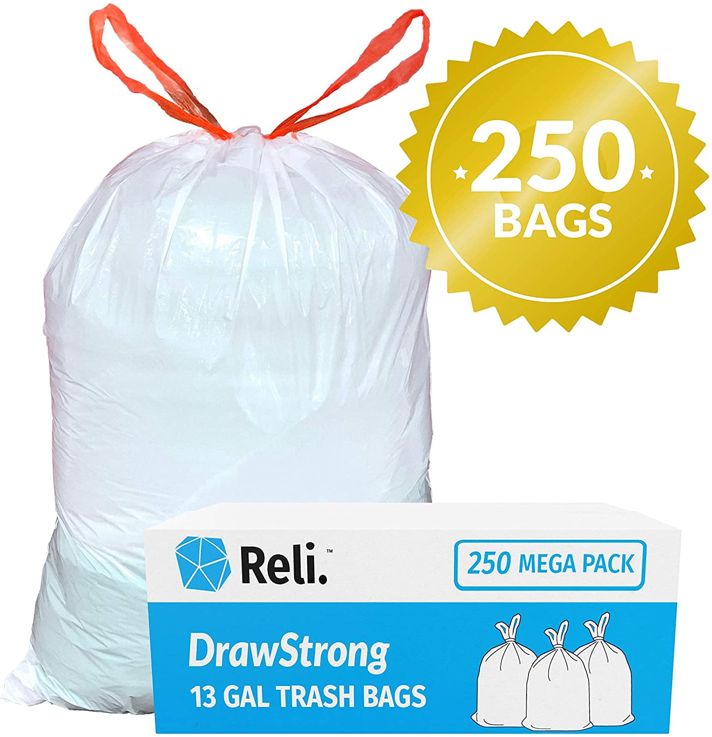 Reli. Tall Kitchen Trash Bags 13 Gallon Drawstring (250 Bags) Tall