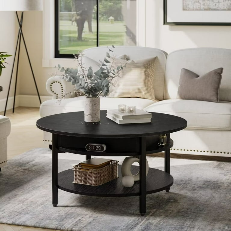 Doveaid Round Lift Top Small Coffee Table with Storage Modern Farmhouse Center Table with Shelf Small Circle Table for Living Room Black