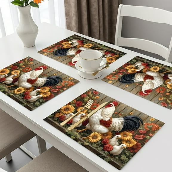 Rustic Rooster Placemats Set of 4, Vintage Table Mats Washable Place Mats for Farmhouse Home Party Kitchen Dining Indoor Outdoor Restaurants 12x18 Inch