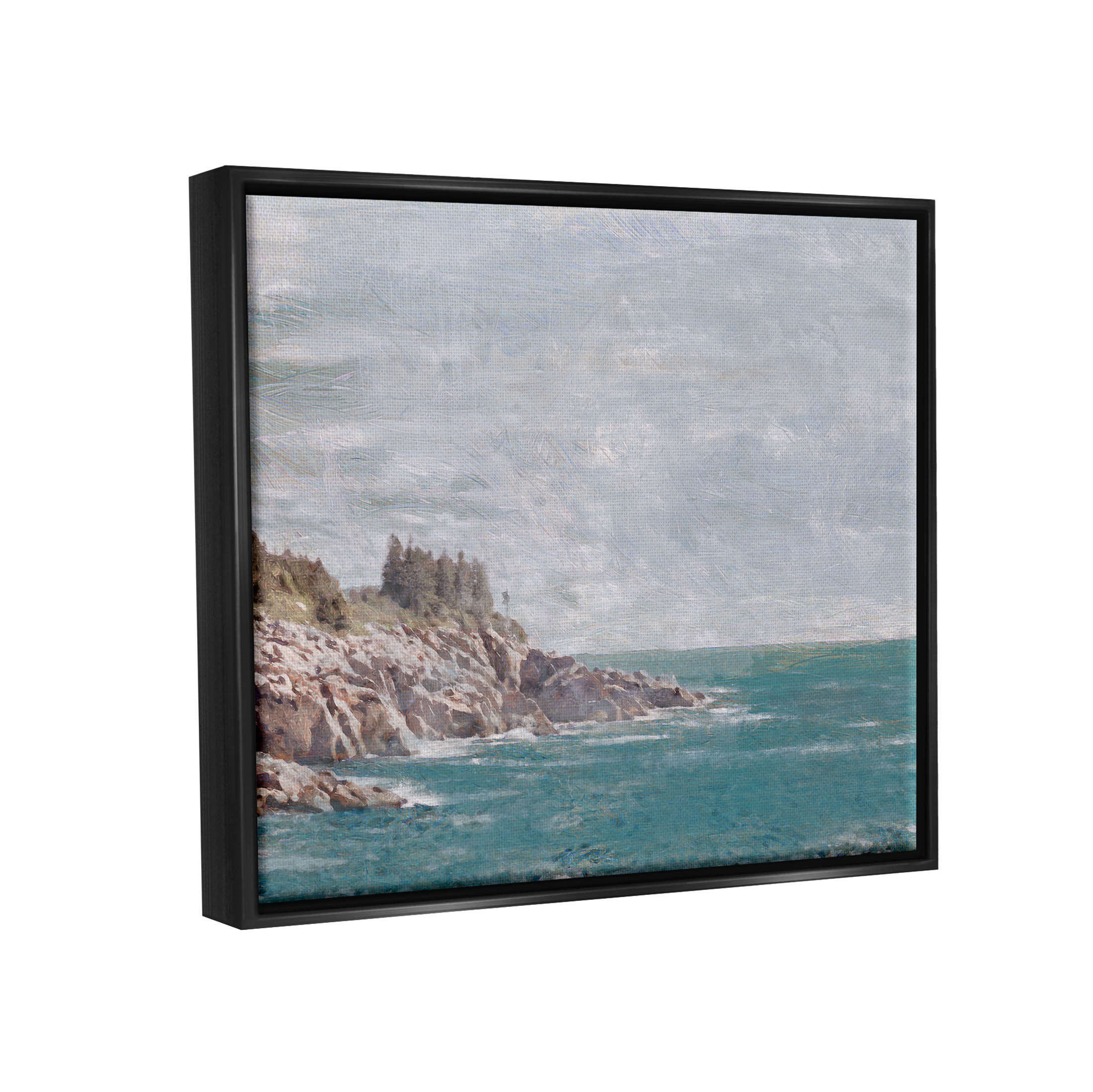 Stupell Industries Rocky Cliff Ocean Landscape Painting Jet Black Floating Framed Canvas Print Wall Art, Design by Savannah Miler