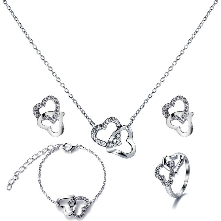Kripyery 4Pcs/Set Necklace Earrings Ring Bracelet Hollow Out Heart