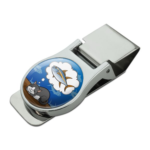 Cat Dreaming of Fish Satin Chrome Plated Metal Money Clip