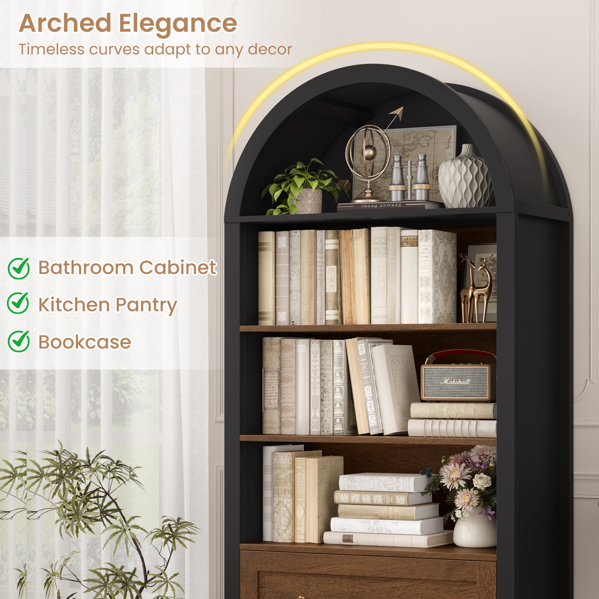 Hiphuta 70"Tall Arched Bookcase, 4-Tier Bookshelves with 2 Large Drawers, Wooden Display Shelf with Storage for Living Room Home Office, Black & Oak