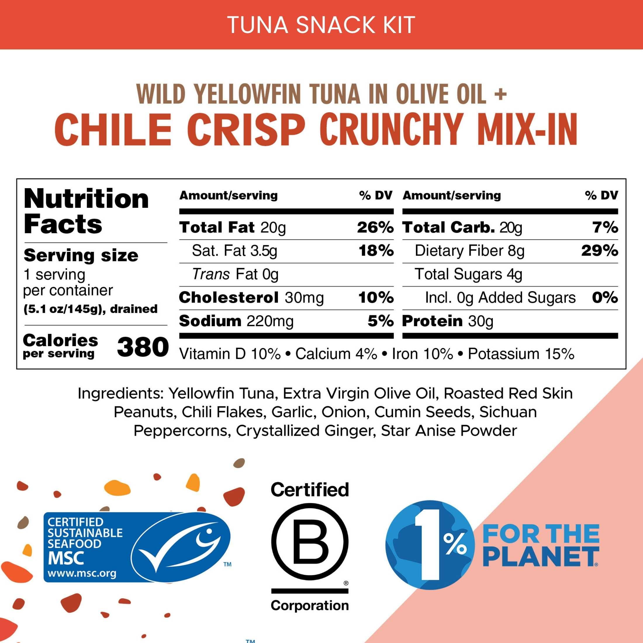 (4 pack) Scout Tuna Snack Kit, Chili Crisp, Wild Yellowfin Tuna + Crunchy Mix-in for 30g of Protein on the Go with Spork, 5.1oz Cup