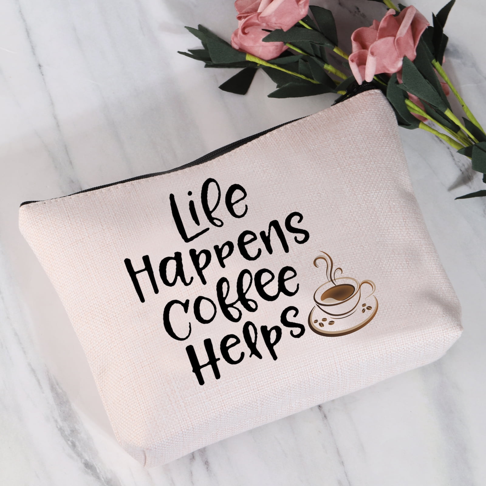 FEELMEM Coffee Lover Gifts Life Happens Coffee Helps Makeup Bag Coffee Friends Gifts Barista Gifts Coffee Themed Cosmetic Bag Coffee Reading Book Lover Gifts