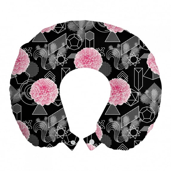 Modern Travel Pillow Neck Rest, Geometrical Abstract Forms Cactus Plant and Blossoming Spring Flowers, Memory Foam Traveling Accessory Airplane and Car, 12", Charcoal Grey Pink White, by Ambesonne