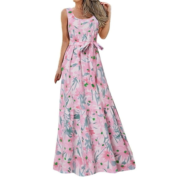 2DXuixsh Cute Summer Dresses for Women with Floral Print Sleeveless Long Dress Casual Elegant Loose for Party Maxi Dress for Women Plus Size Formal Polyester,Spandex Pink Xxl