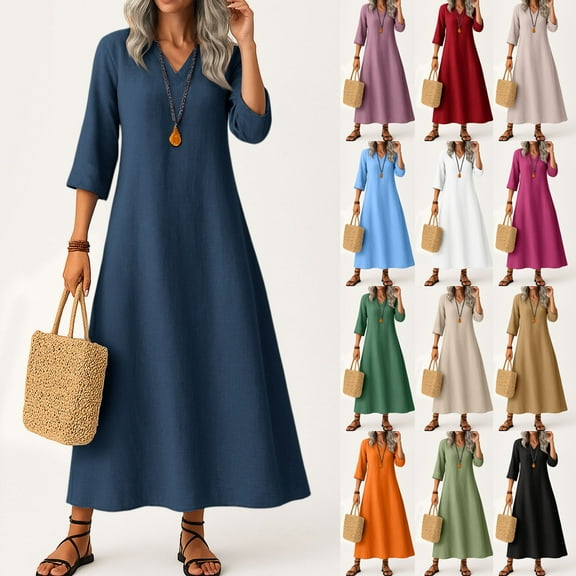 Qwertyu Linen Dresses for Women 2025 Trendy Flowy Boho Dress Casual Loose Fit V Neck 3/4 Sleeve Maxi Dresses Modest Fall Beach Vacation Sundress Navy XL