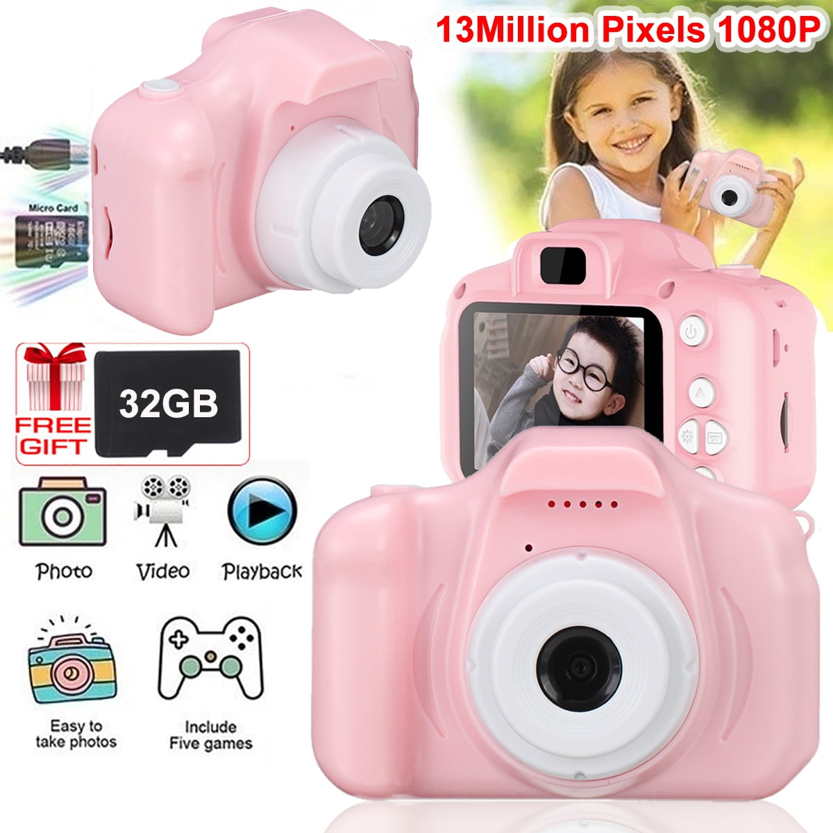 Kids Digital Camera Child Boys Girls,LCD HD Mini Rechargeable Children Shockproof Digital Camcorders Little Kid Toys Gift Kid Size, Pink 
