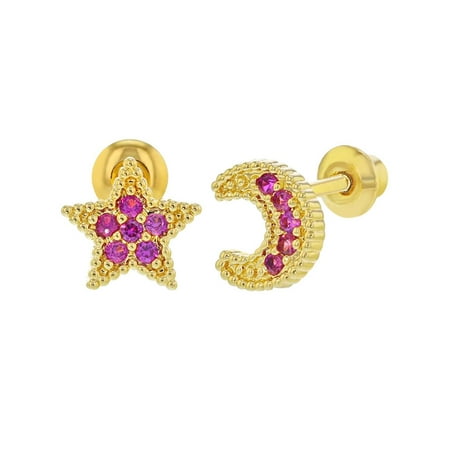 18k toddlers screw plated cz earrings moon pink star gold
