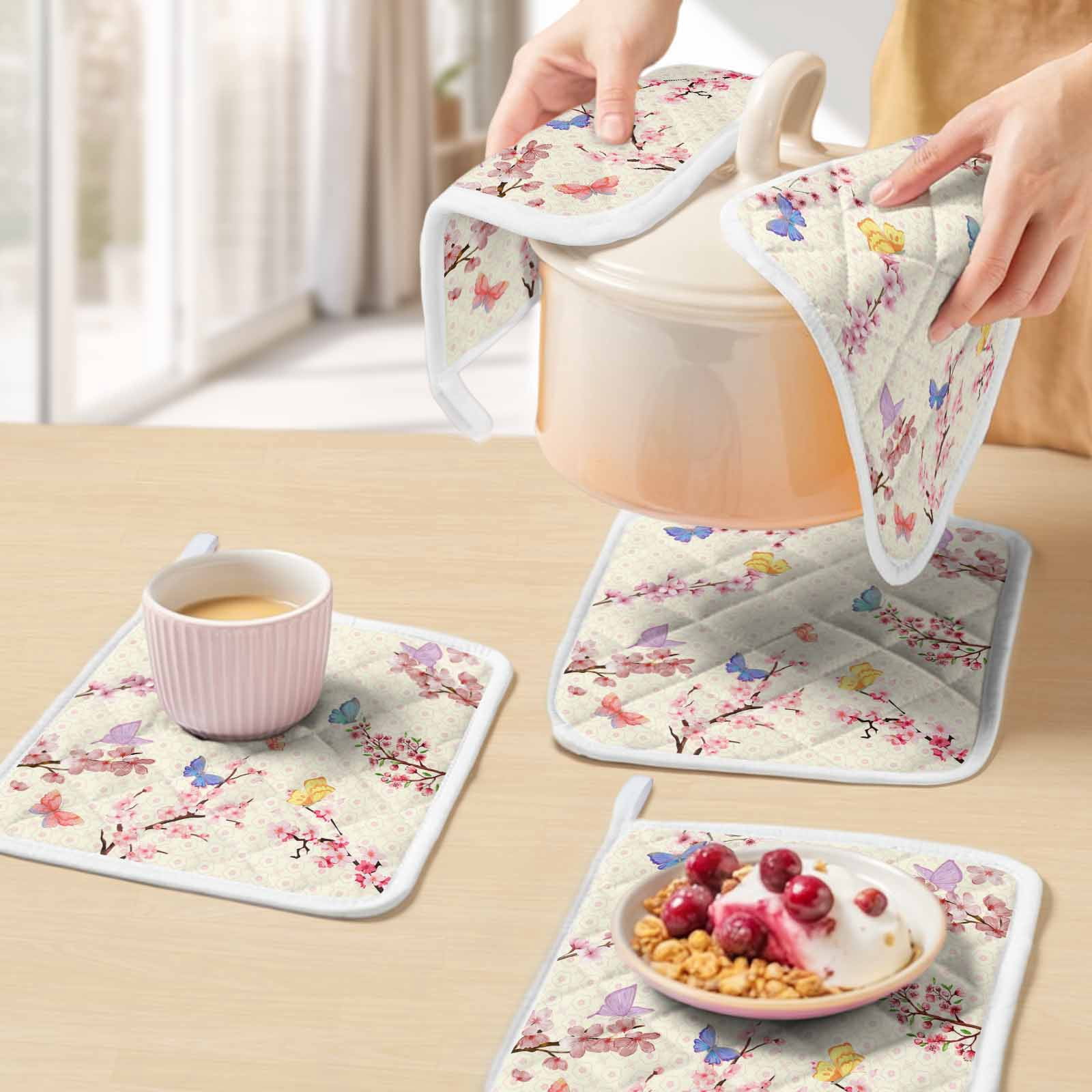 Cherry Blossoms Plant Pot Holders for Kitchen Heatproof Potholder, 3 Pack Pink Floral Butterfly Leaves Hot Pads Multipurpose Oven Pads Cloth Potholders Trivet for Cooking Baking