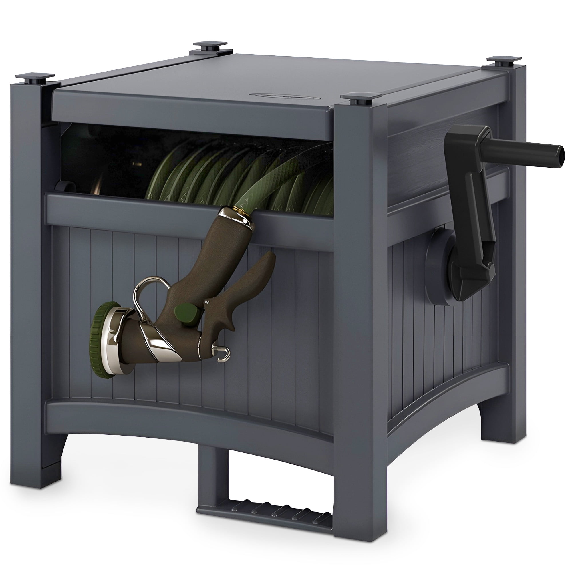 Suncast 100' Resin Garden Hose Reel & Hideaway Outdoor 33 Gal Garbage Bin, Cyberspace