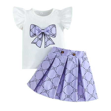 Angala Girls Outfit Sets Short Sleeve Crew Neck Graphic Print Tops With Skirt Sets Summer Lightweight Comfortable Dailywear Girls Outfit Size 7-8 Years Purple
