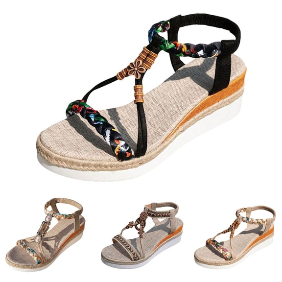 Modisza Women Beach Sandals Beaded Woven Strap Bohemia Shoes Casual Flower Low Wedges Platform Travel Walking Sandal Size 6 Beige