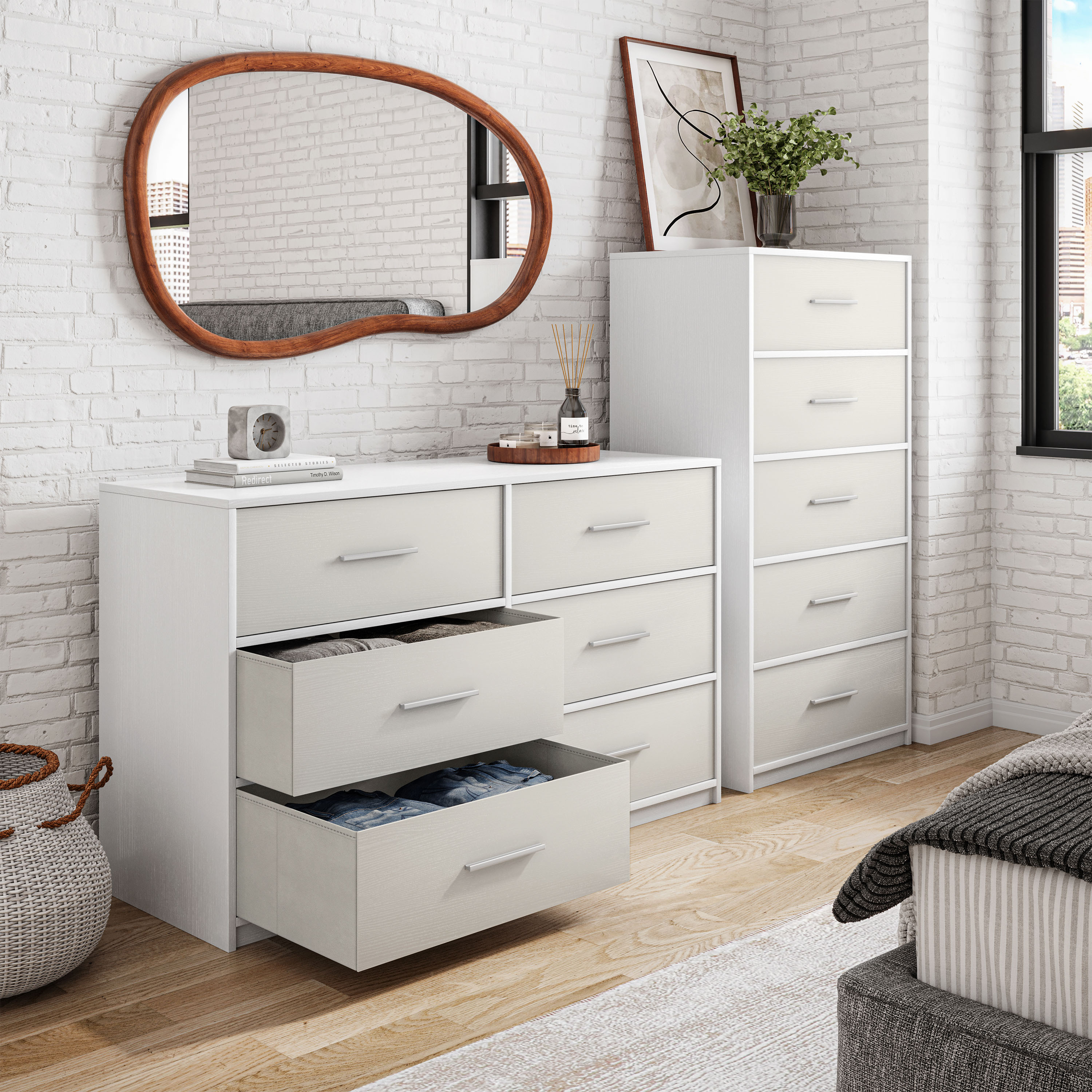 6-Drawer Dresser with Extra Large Fabric Bins, Wood Frame Storage Organizer for Bedroom, Living Room, or Hallway, Versatile Design Doubles as a TV Stand, Ideal for Home Organization, White