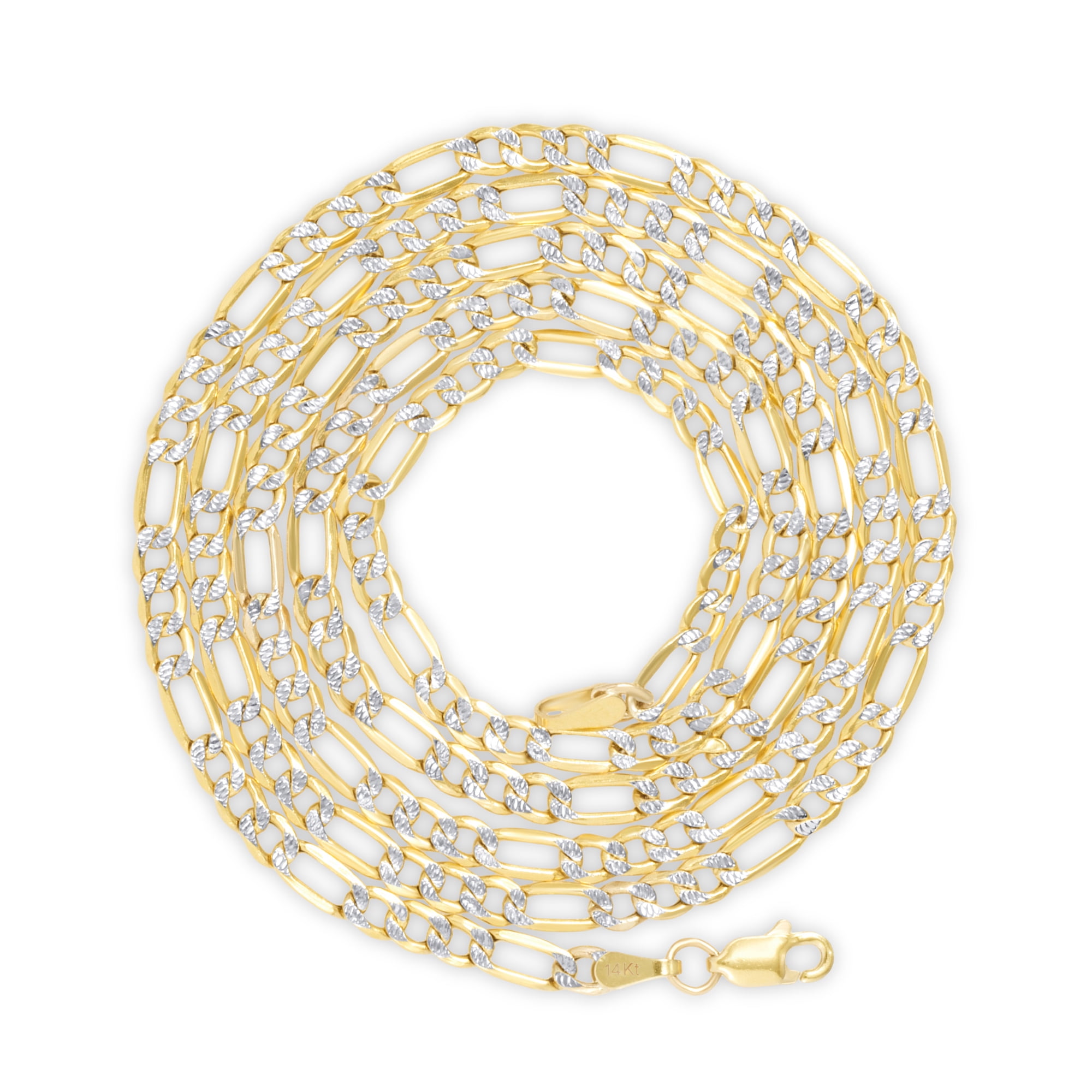 Nuragold 14k Real Yellow Gold Solid Figaro Link 4mm Diamond Cut Pave Chain Necklace (16"-30") Two Tone Italian Jewelry for Men & Women