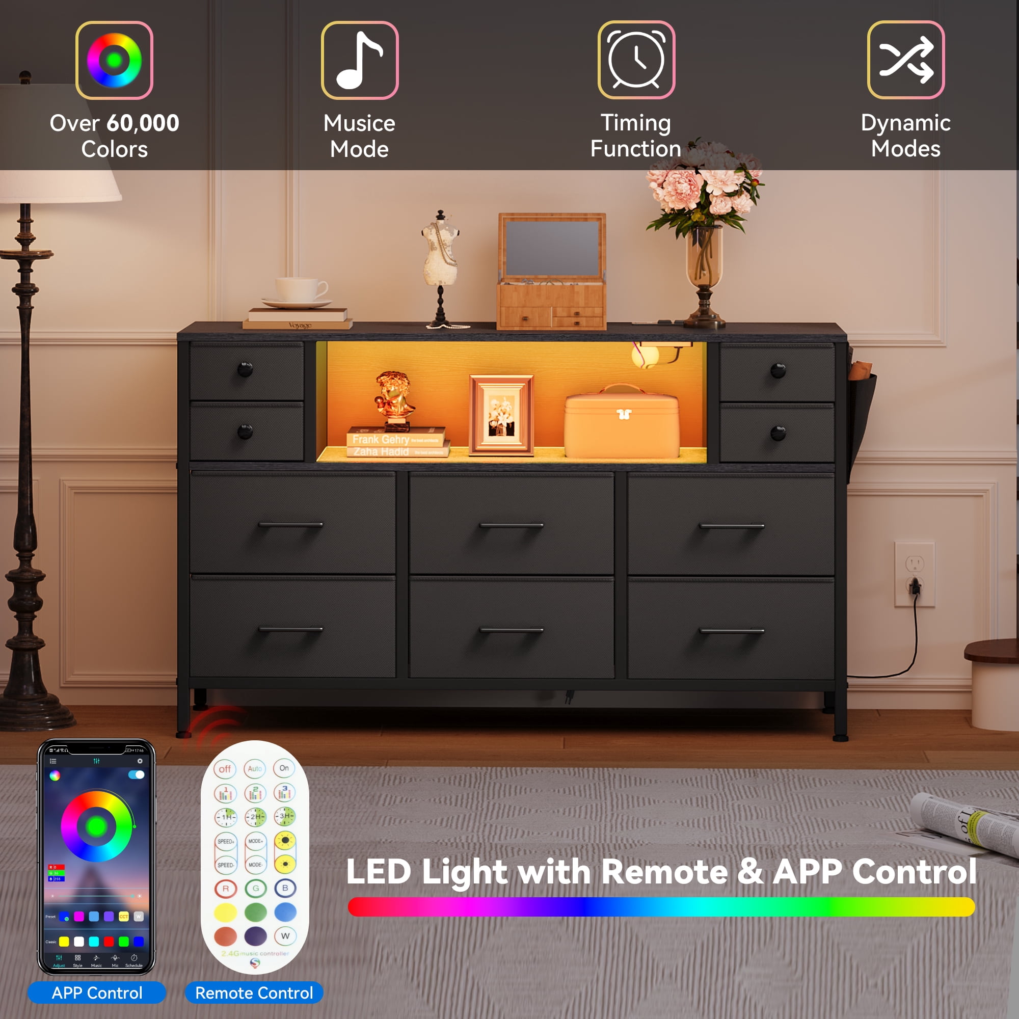 Uforic 10 Drawer Fabric Dressers with Power Outlets LED Lights for up to 55" TV for , Black