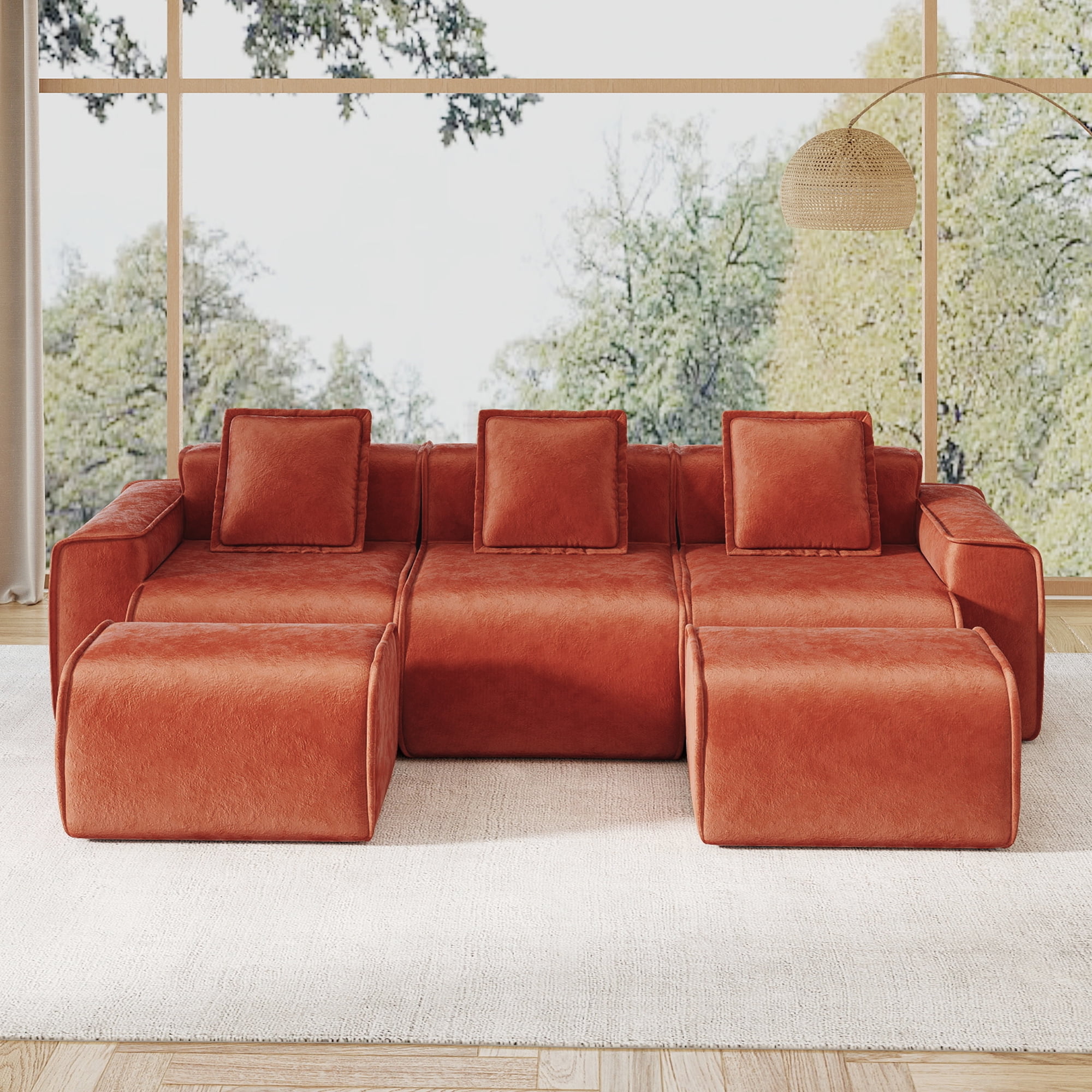 109" 3-Seat Modular U-Shaped Sectional Sofa, Red Velvet with 2 Movable Ottomans & Throw Pillows, No Assembly Required