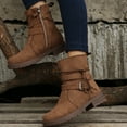 thumbnail image 4 of Rokment Wide Mid Calf Combat Boots for Women 2025 Winter Fall Vintage Buckles Suede Low Heel Casual Ankle Booties Brown Size 6.5, 4 of 5