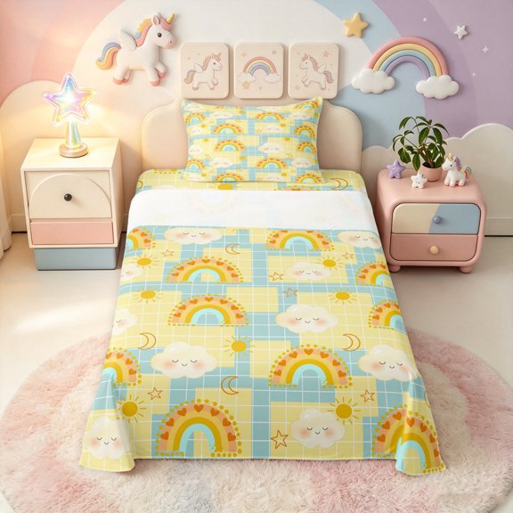 Manfei Grid Rainbow Twin Sheets, Galaxy Cloud Bedding, Yellow Blue, 3pcs, 1 Flat Sheet, 1 Fitted Sheet and 1 Pillowcase