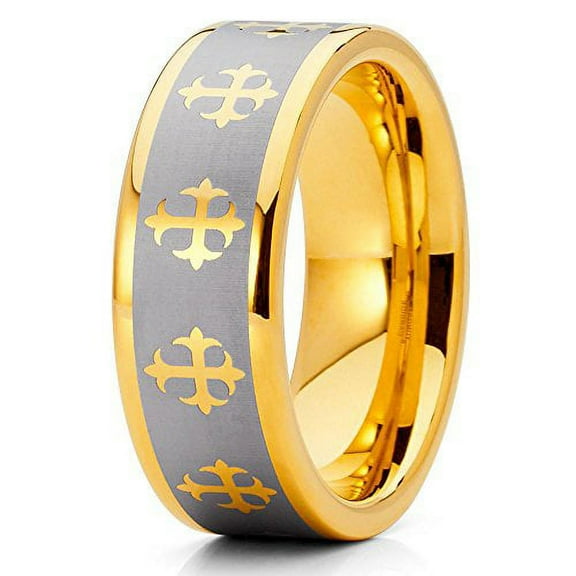 8mm Yellow Gold Tungsten Carbide Wedding Ring Cross Design Brushed Silver Finish Unisex Band 6.5