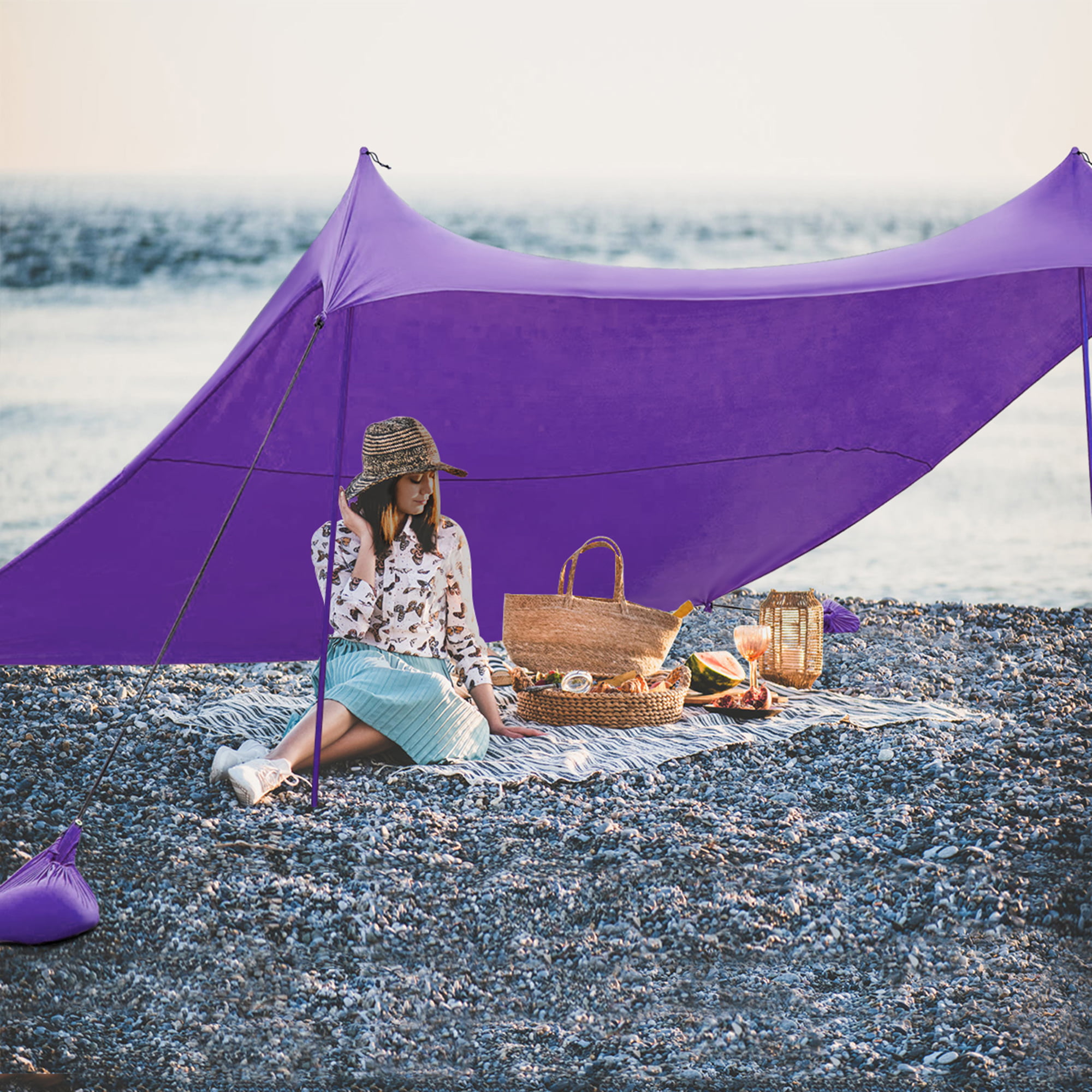Gymax 10x9 FT Portable Beach Canopy Tent Shelter w/ Sand Anchor Carry Bag Purple