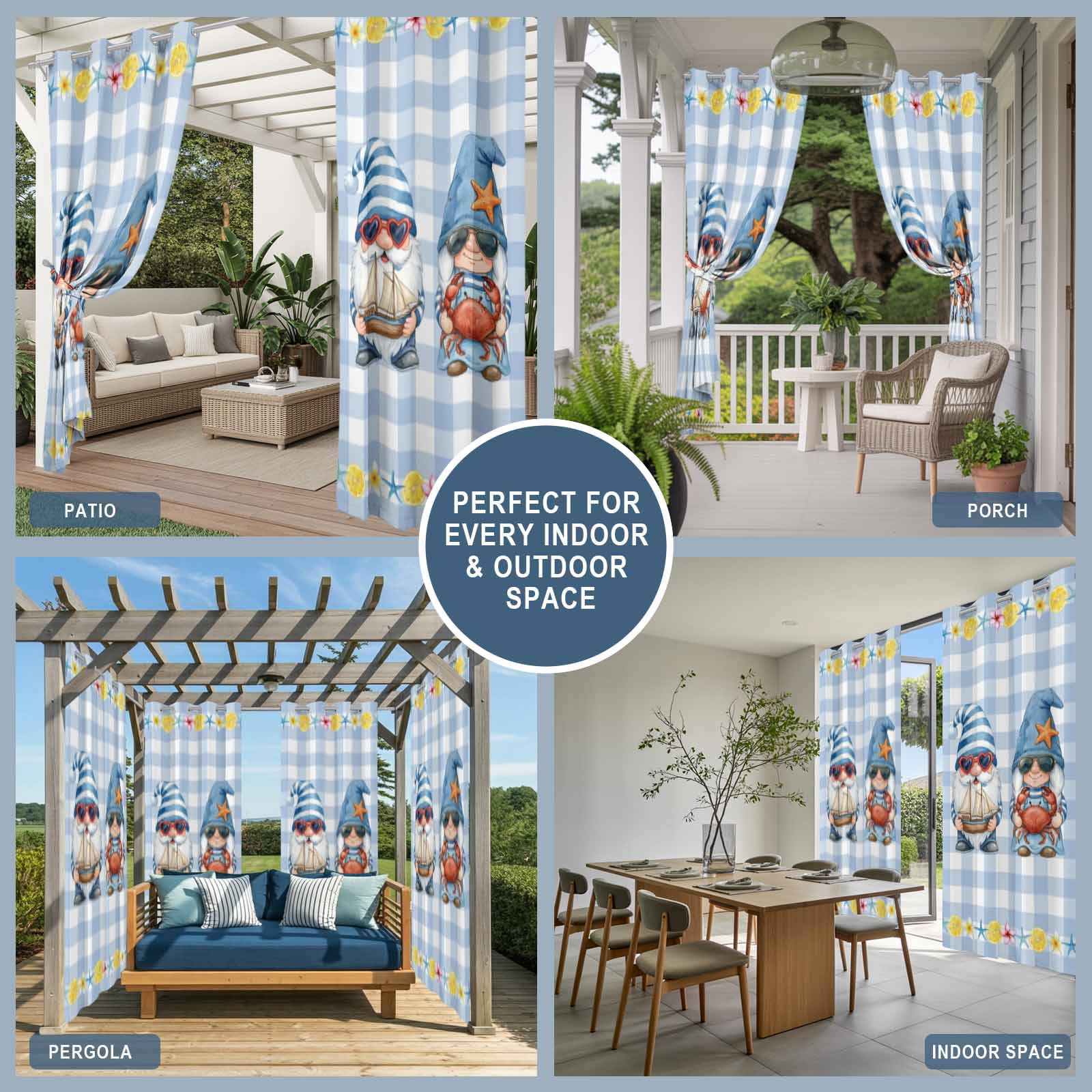 Outdoor Curtains for Patio Waterproof, Summer Gnomes Nautical Windproof Pravicy Outside Porch Blackout Curtain, Blue Floral Starfish Checkered Sun Blocking Grommets Curtains for Cabana 54"x108"
