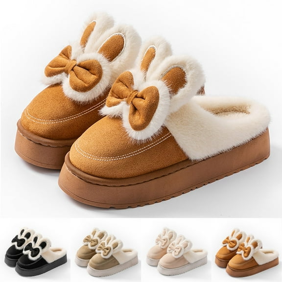 Shadoumai Slippers for Women With Bow Suede Plush Shoes Comfortble Warm Slipper Thick Sole for Indoor Outdoor Winter Warm Slipper Thick Sole for Indoor Outdoor Winter