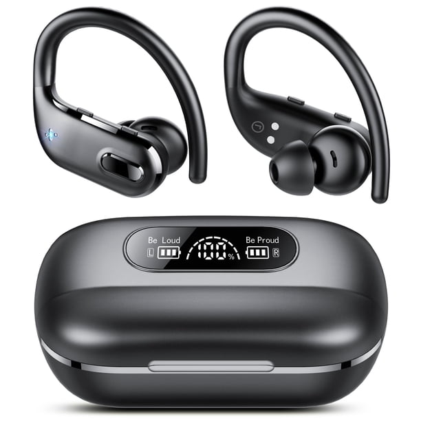 Auriculares Bluetooth Auriculares inalámbricos 80 horas de reproducción con estuche de carga LED Auriculares deportivos con gancho para la oreja Graves profundos IPX7 Auriculares supraaurales impermea