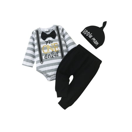 

Fanvereka 2Pcs Baby Boys Romper Set Striped Long Sleeve Romper Solid Pants with Hat Casual Fall Outfit